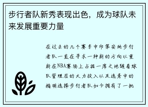 步行者队新秀表现出色，成为球队未来发展重要力量
