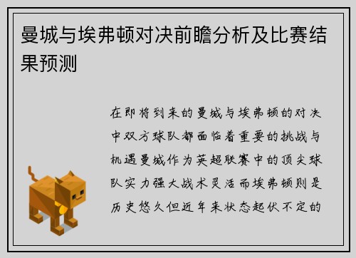 曼城与埃弗顿对决前瞻分析及比赛结果预测