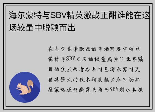 海尔蒙特与SBV精英激战正酣谁能在这场较量中脱颖而出